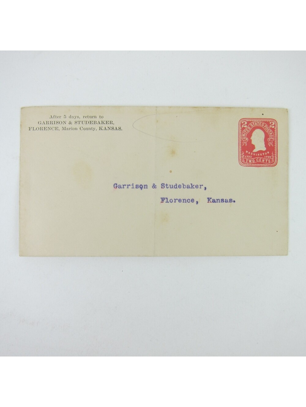 US Postal Stationery Garrison & Studebaker Florence Kansas 2 cent Antique